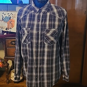 Reclaim western mens shirt/pearl snap Sz XL. Blue/white /black plaid. (#1089)